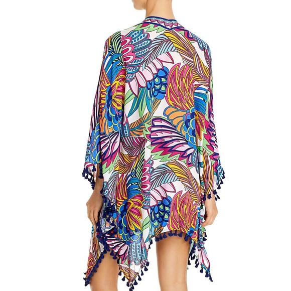 Trina Turk Paradise Plume Kimono Cover-Up OS | Tropical Tassel Trim, Bold Print - Picture 3 of 5